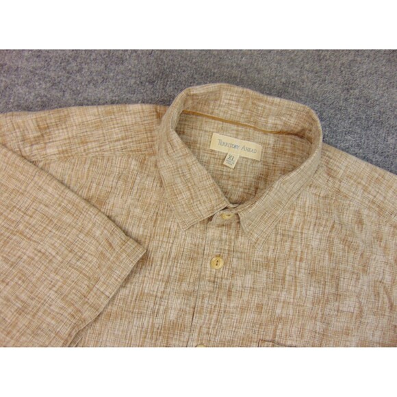 Territory Ahead Shirt Mens XL Brown White Chambray Short Sleeve Linen - Picture 1 of 8
